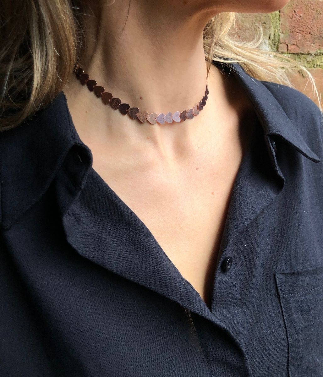 Rose Gold Petal Strand of Hearts Collar Necklace