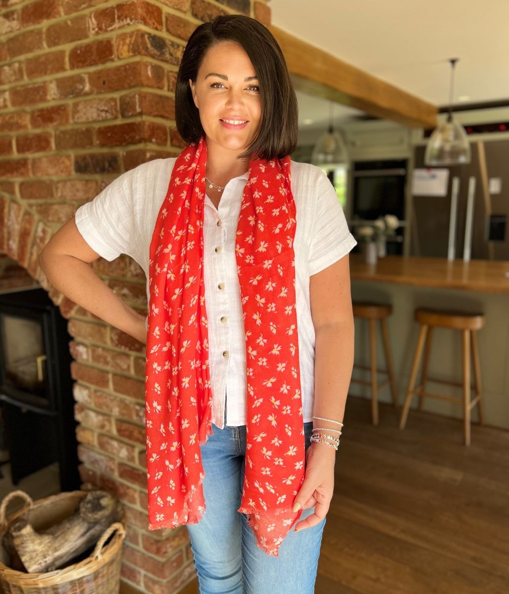 Red Franca Ditsy Floral Scarf