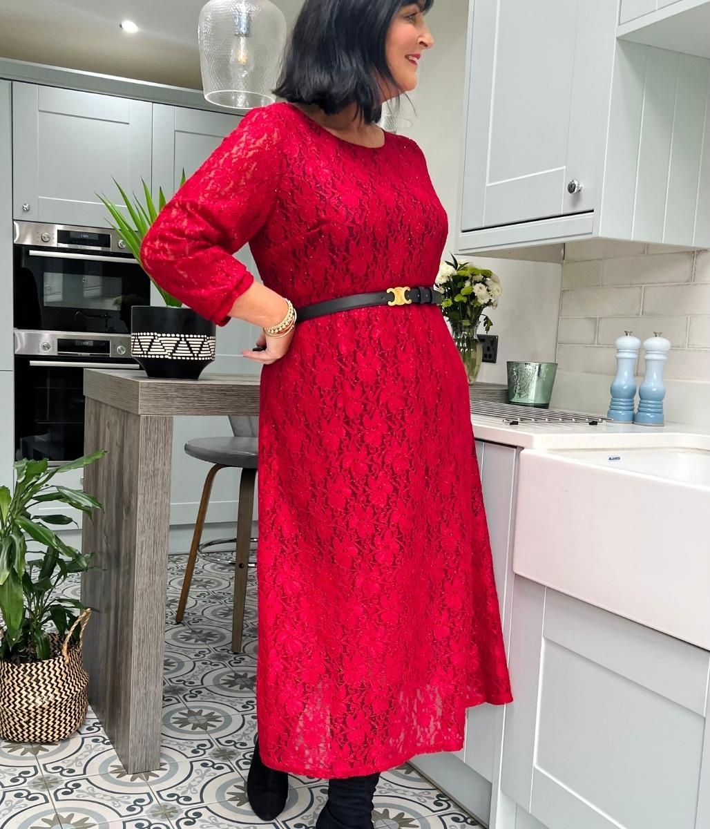 Red Lace Overlay Midi Dress  Size 12