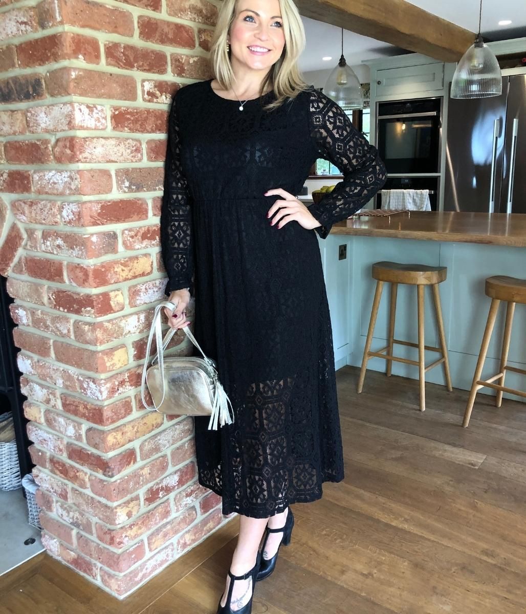 Black Lace Overlay Midi Dress  Size 8