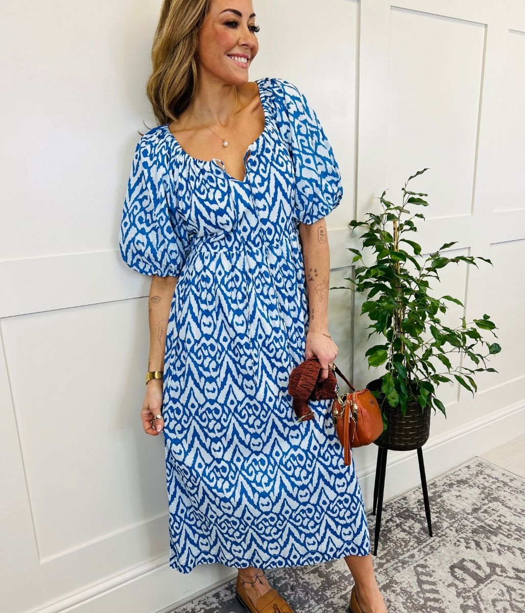 Blue Ikat Print Cotton Midi Dress  Size 8