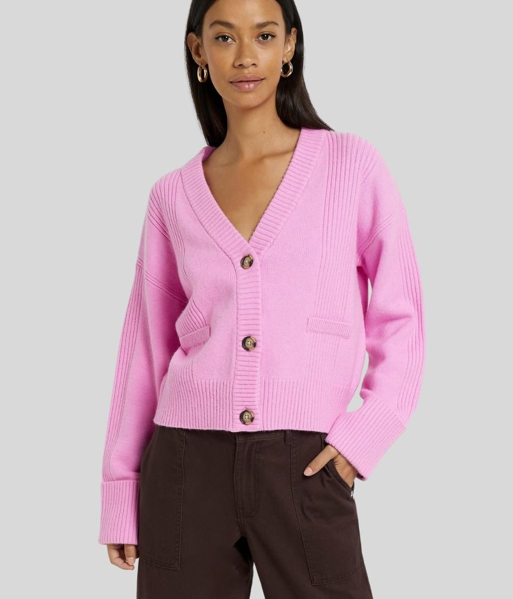 Pink Contrast Ribbed Cardigan  Size XS (6/8)