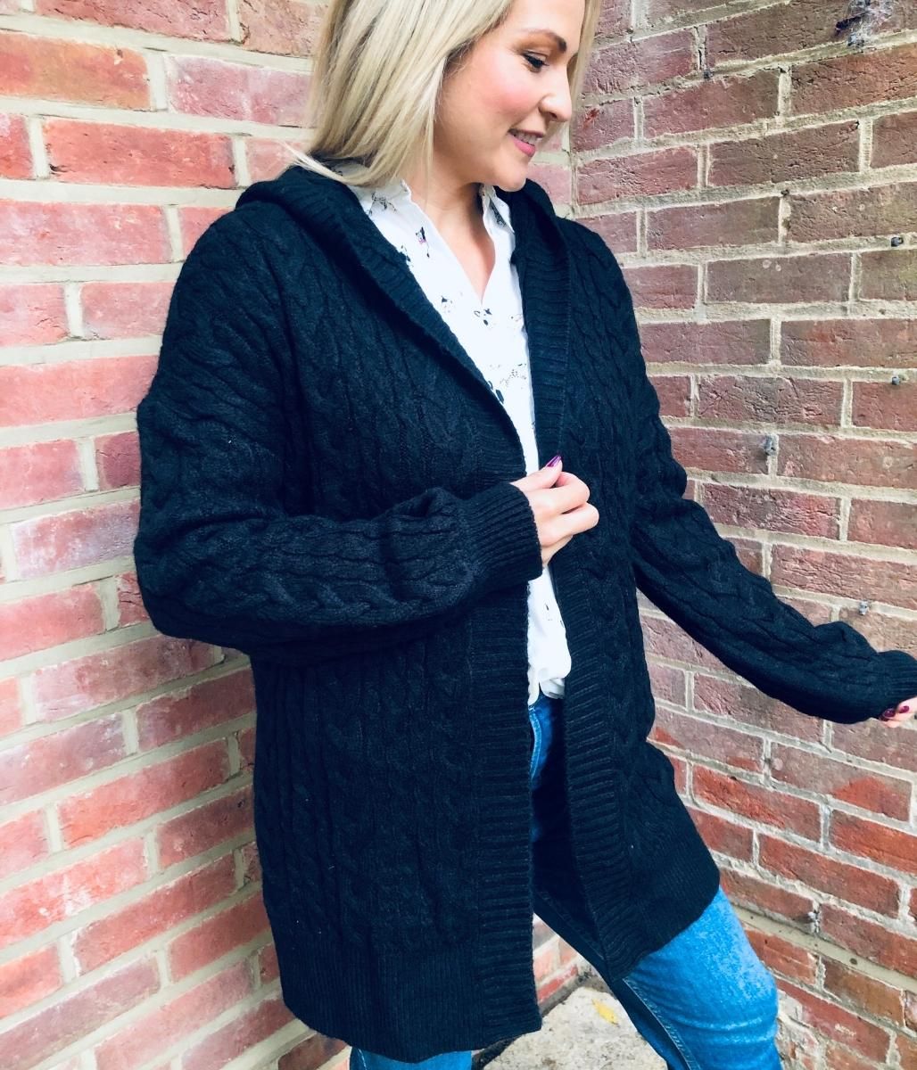 Black Chunky Cable Knit Hooded Cardigan  Size XXL(26/28)