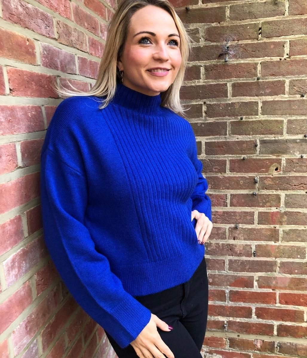 Blue Part Ribbed Funnel Neck Jumper  Size S