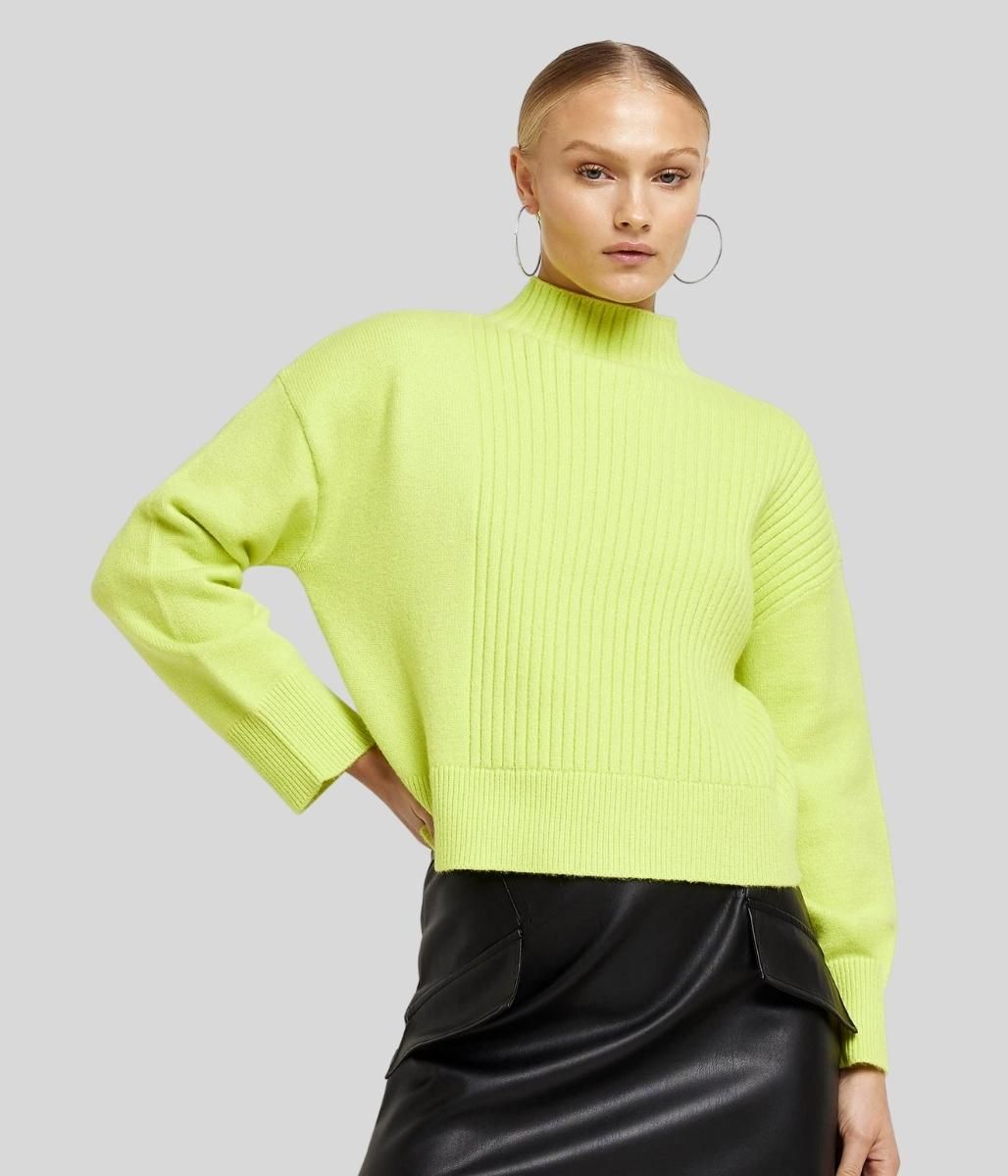 Fluro Yellow Part Ribbed Funnel Neck Jumper  Size S