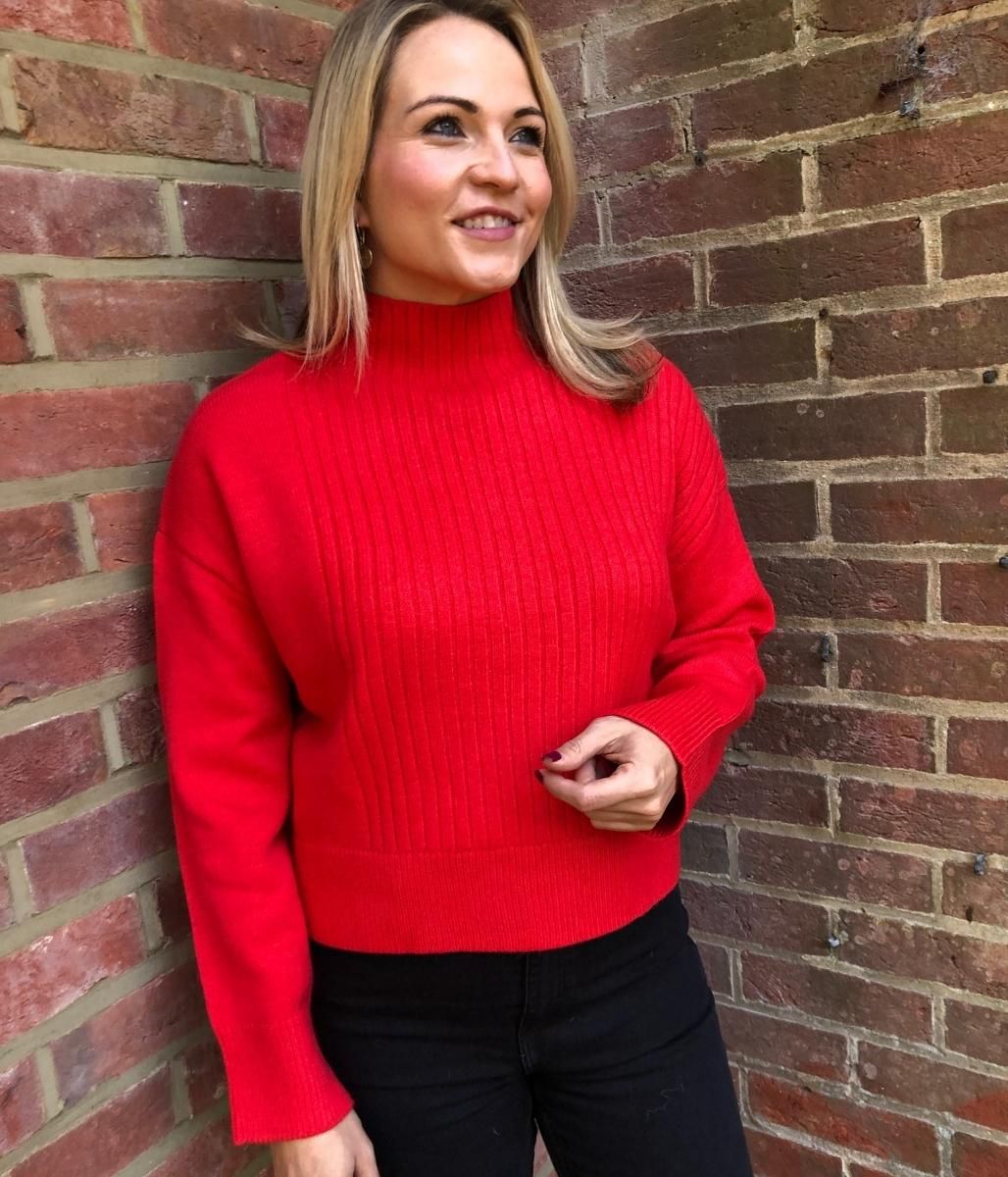 Red Part Ribbed Funnel Neck Jumper  Size XS