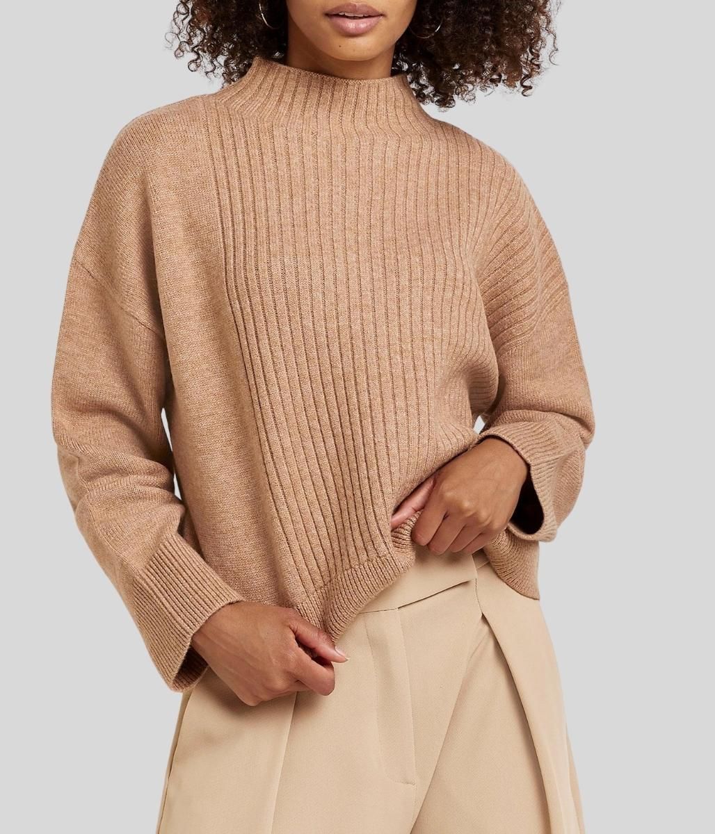 Brown Part Ribbed Funnel Neck Jumper  Size XS