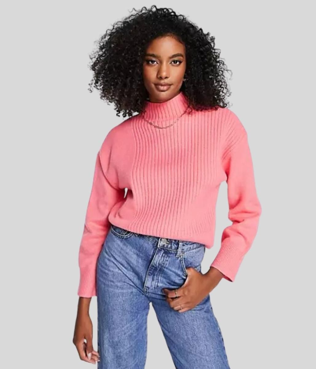 Hot Pink Part Ribbed Funnel Neck Jumper  Size XS