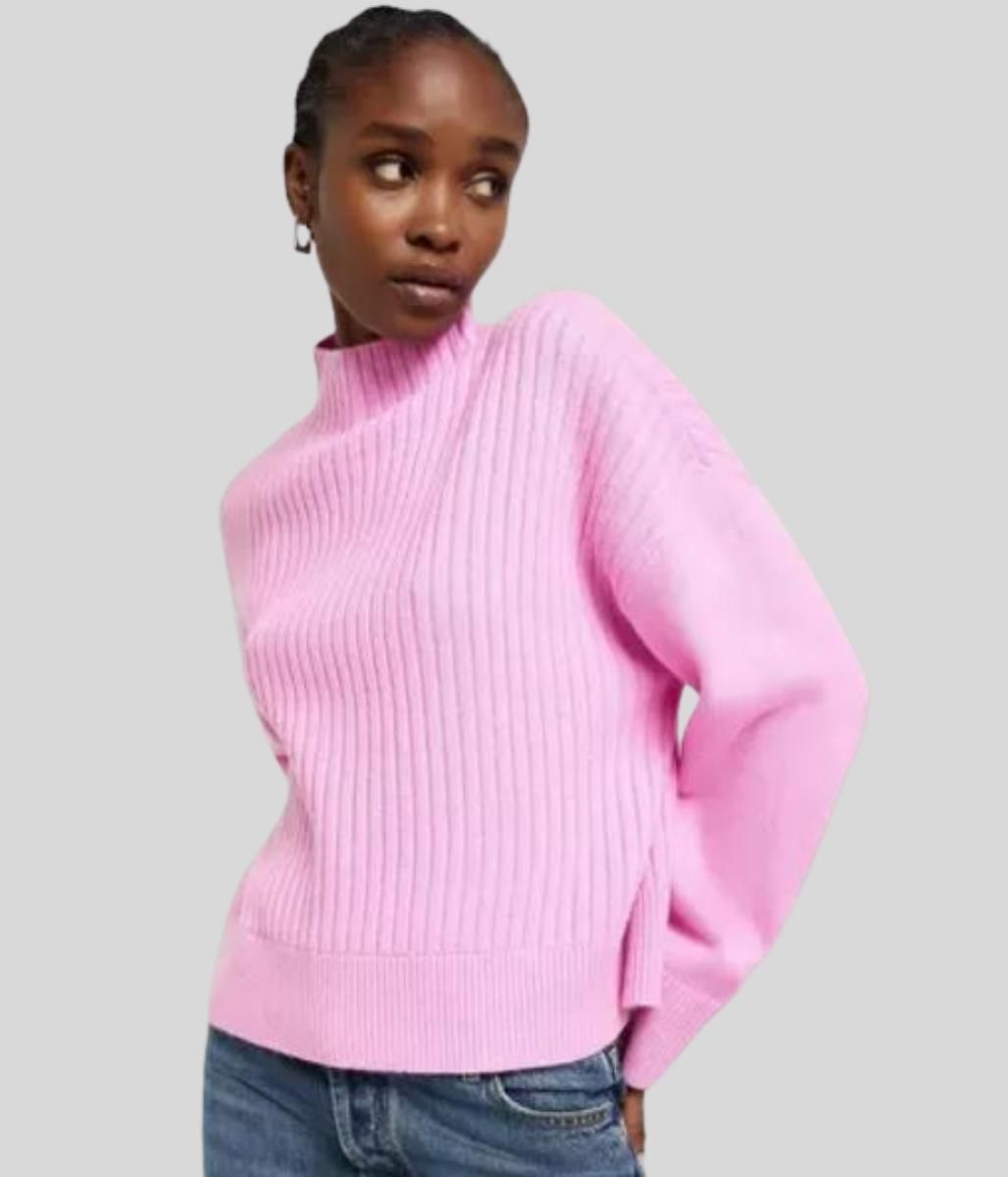 Pink Part Ribbed Funnel Neck Jumper  Size XS