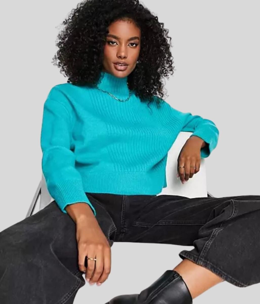 Turquoise Part Ribbed Funnel Neck Jumper  Size XS