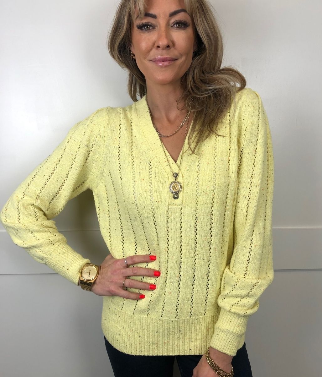 Yellow Pointelle Button V Neck Jumper  Size 10