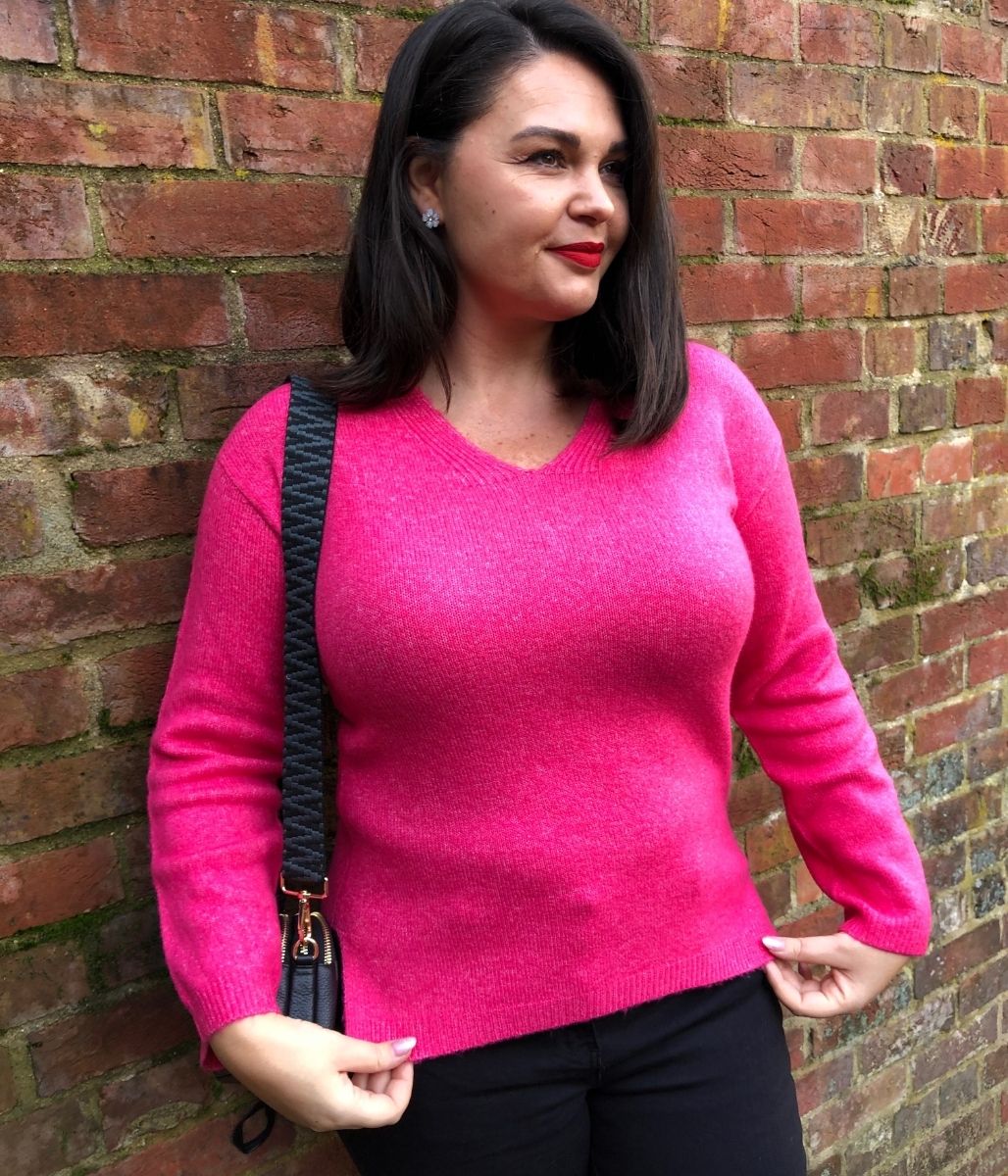 Hot Pink Relaxed V Neck Jumper  Size S