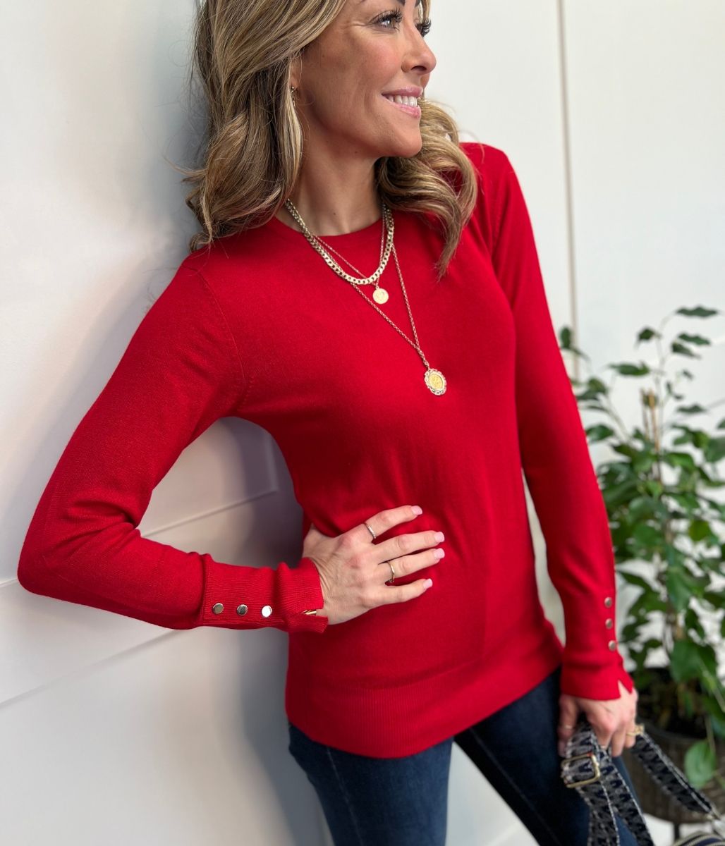 Red Fine Knit Button Cuff Jumper  Size XS