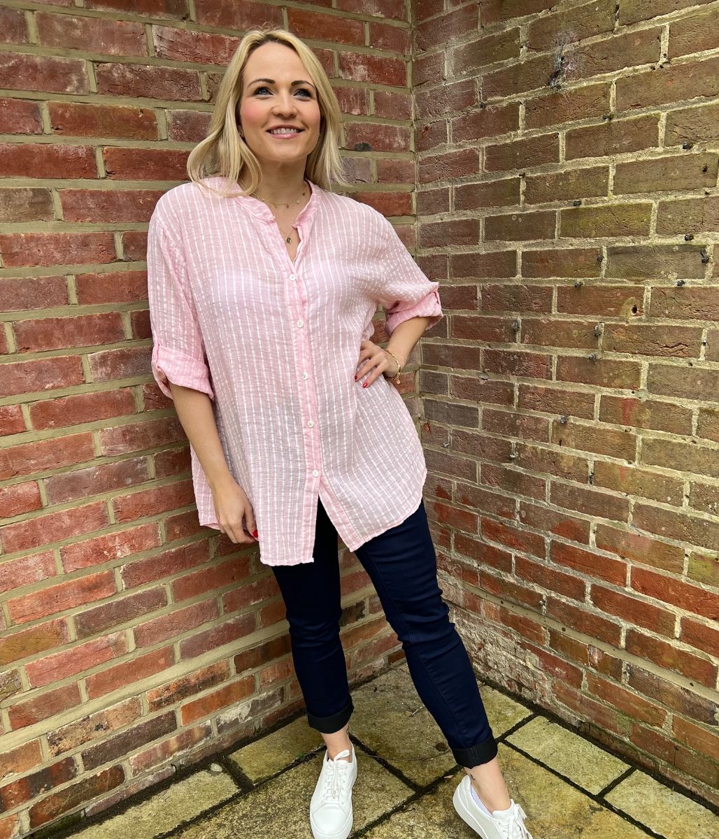 Pink Cotton Striped Grandad Collar Shirt