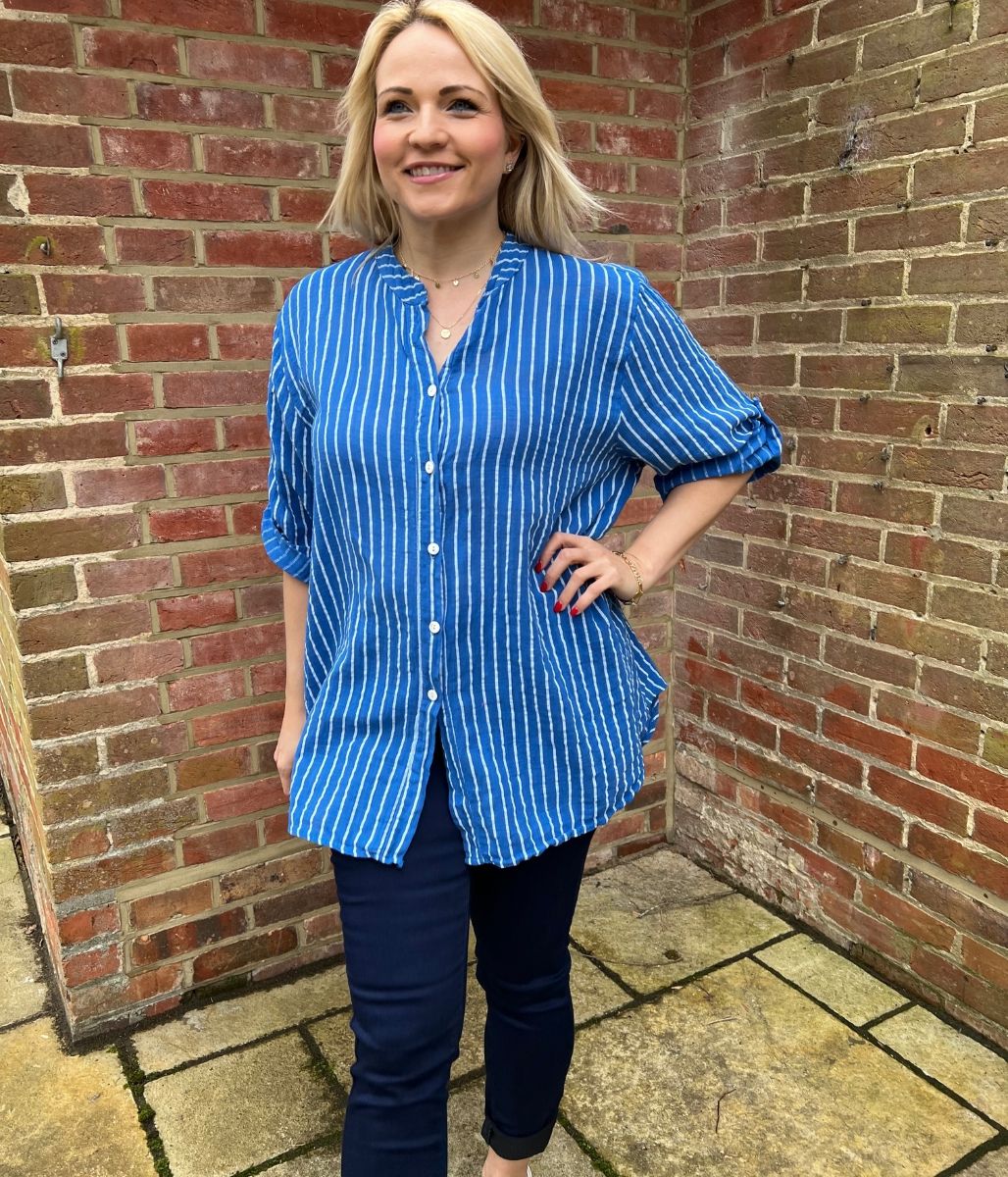 Blue Cotton Striped Grandad Collar Shirt