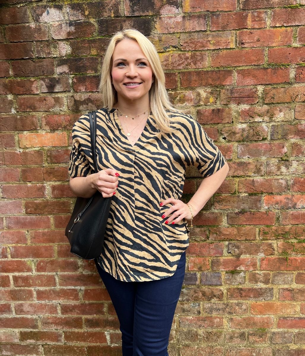 Black & Brown Animal Print Linen Top  Size 12