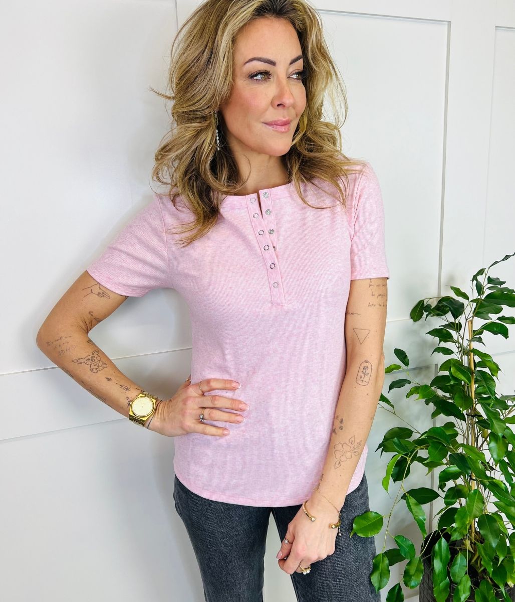 Pink Ribbed Henley Top  Size 24