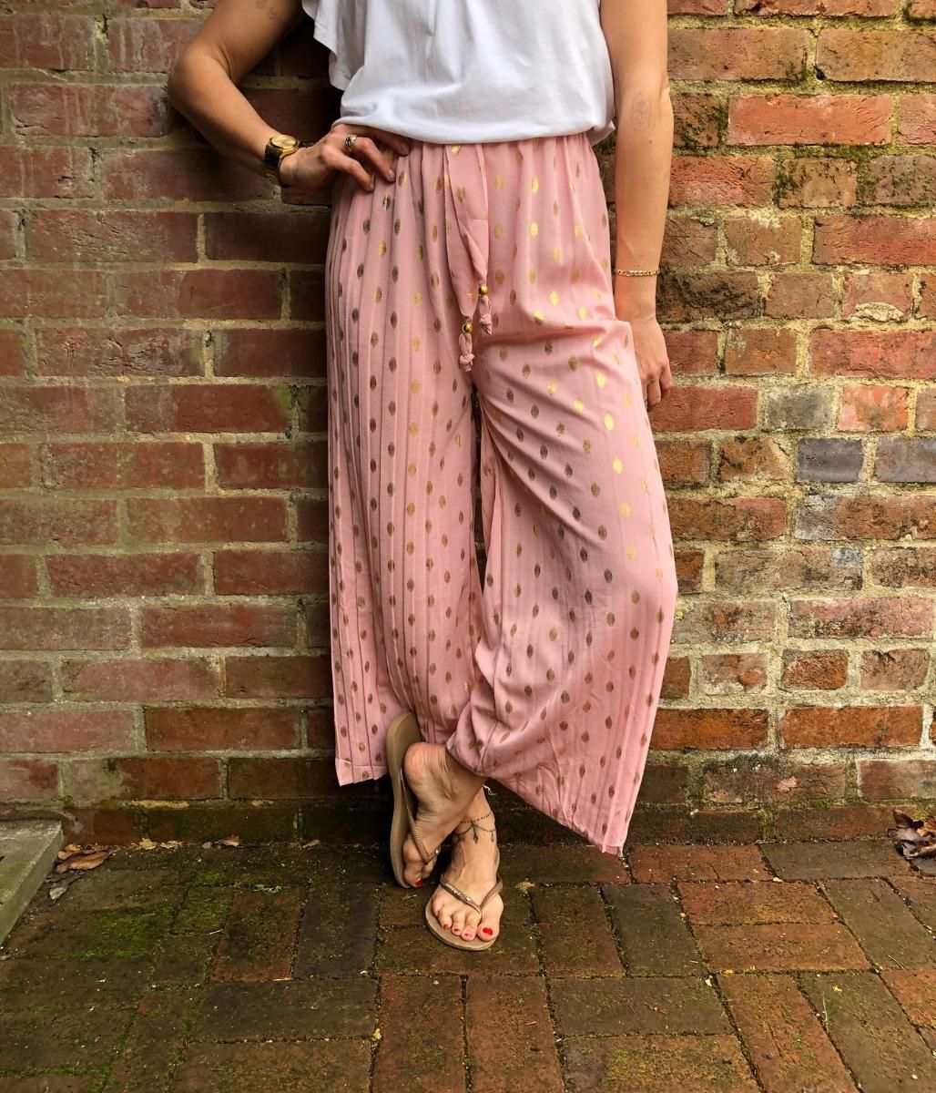 Pink Gold Spot Wide Leg Cropped Trousers