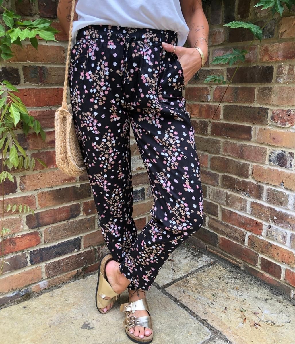 Black Flower Print Linen Blend Trousers  Size 6