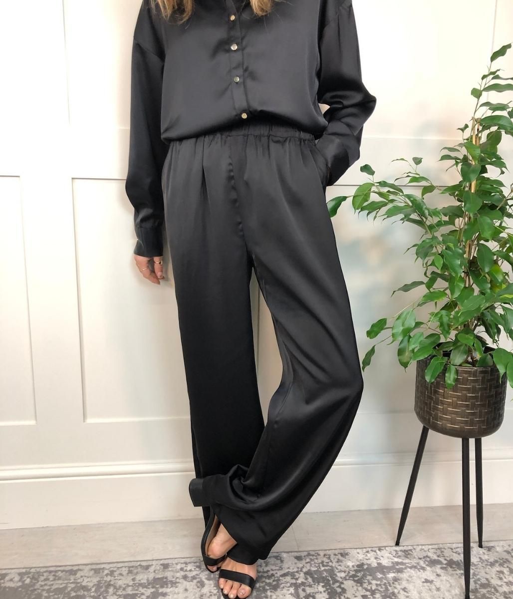 Black Rena Satin Wide Leg Trousers  Size 12