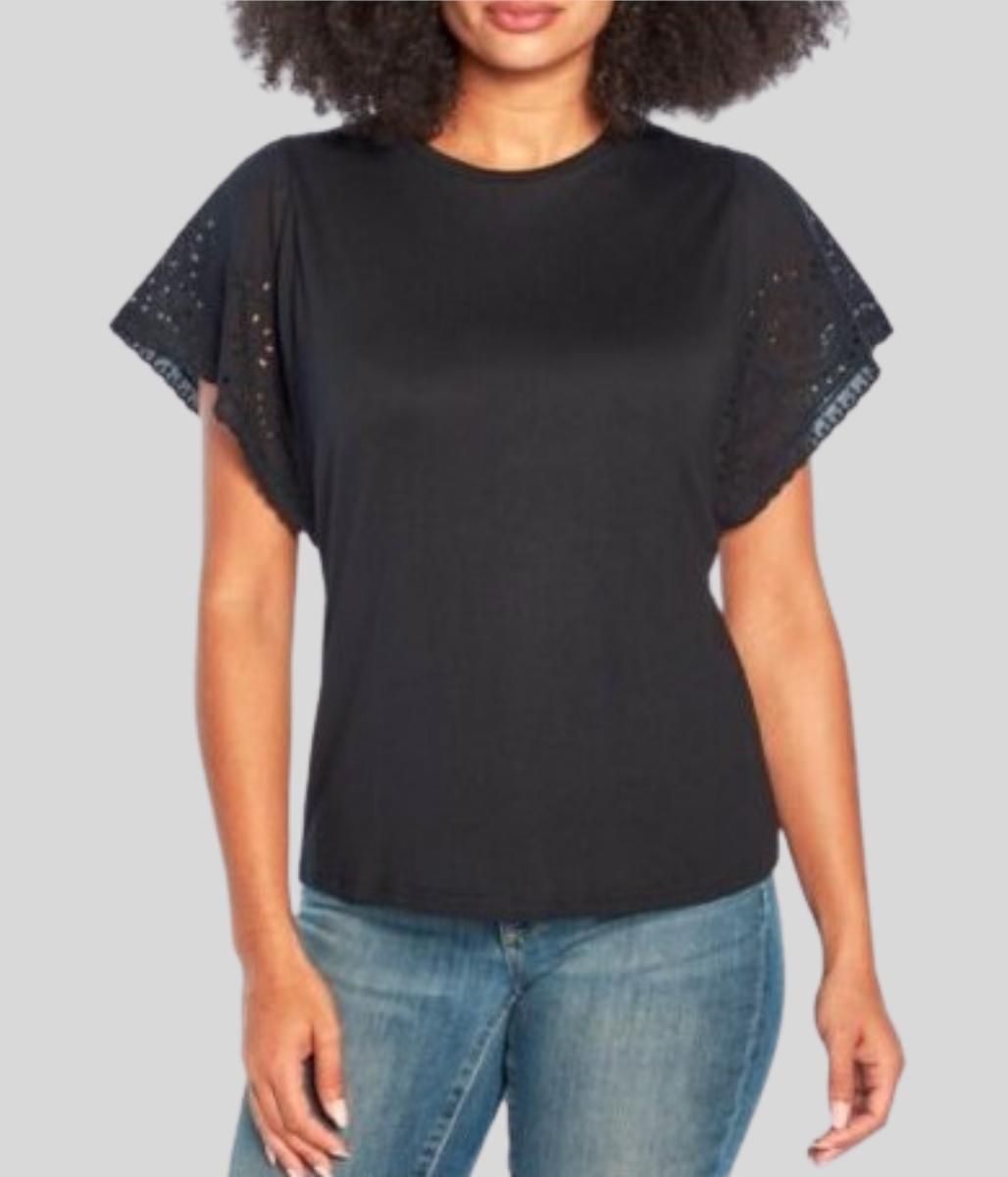 Black Broiderie Sleeve Top  Size XXL (24)