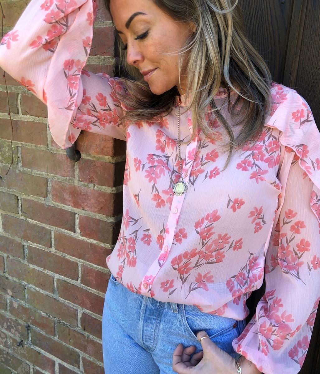 Pink Floral Sheer Ruffle Blouse  Size 22