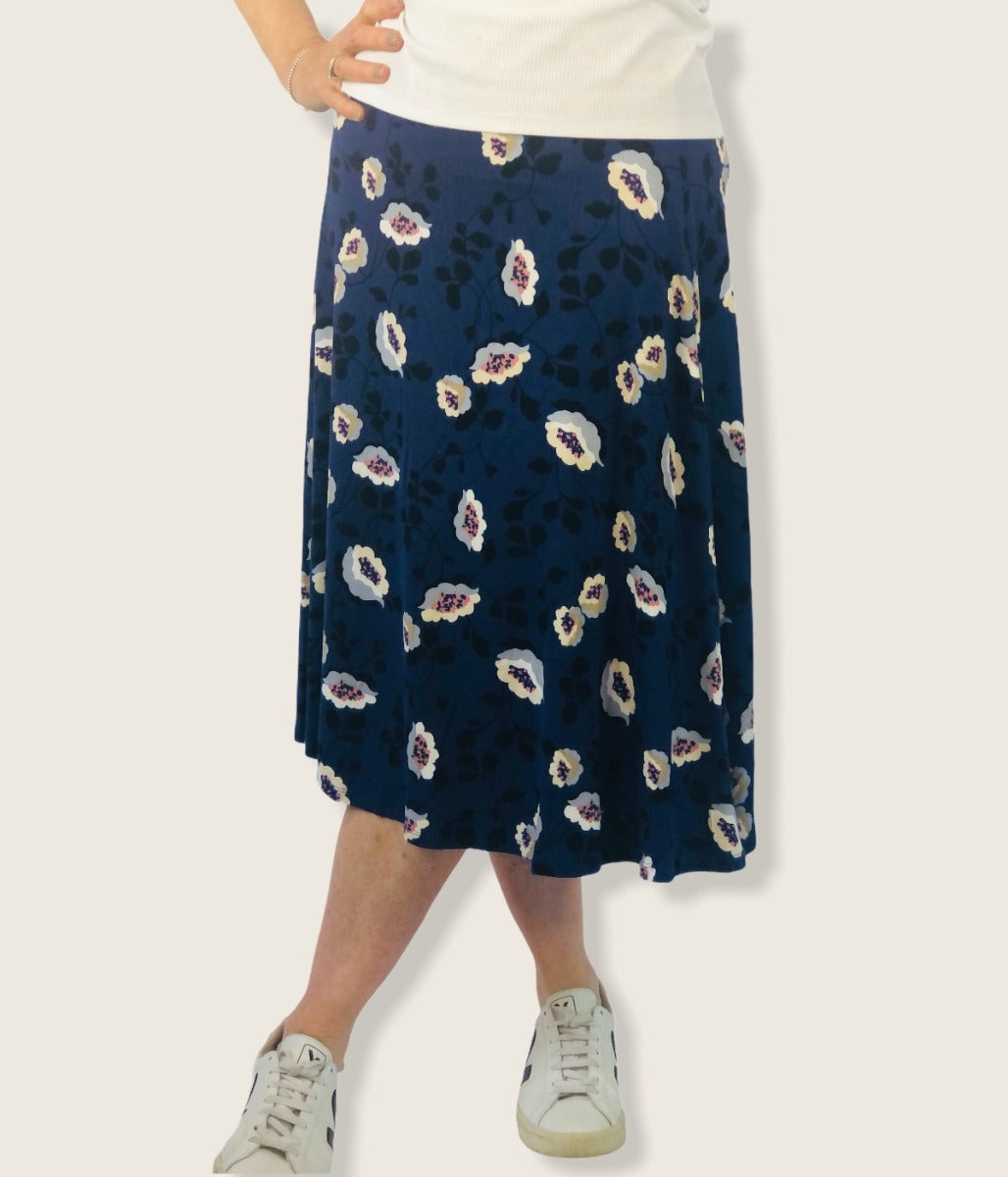 Blue Jersey Floral Midi Skirt 6  Size 6