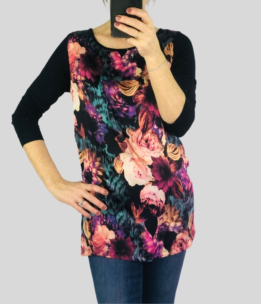 Rose Print Satin Tunic Top  Size XS