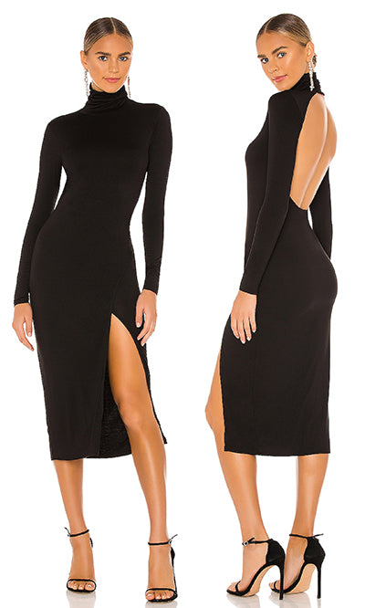 Lovers and Friends Gigi Midi Dress, long sleeves high collar slit dress, little black dress, LBD 2021