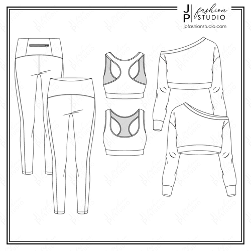 Trendy] Set of Women's Leggings Fashion Flat sketches (3 styles