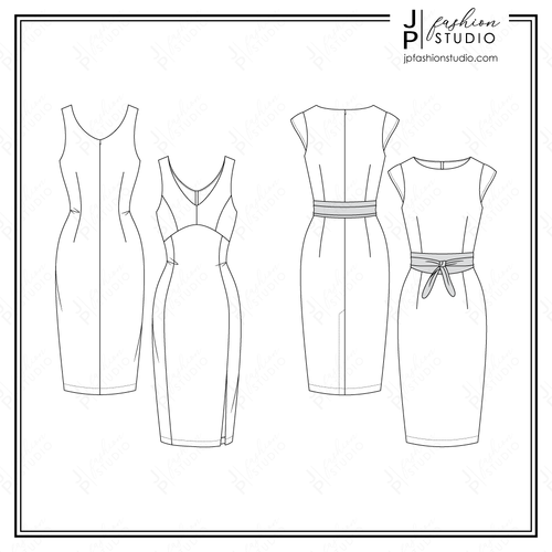 V14 Illustrator Flat Sketch Ruched Sleeve Dress with Pin-tuck Details and  Inverted Pleat Skirt - Designers Nexus