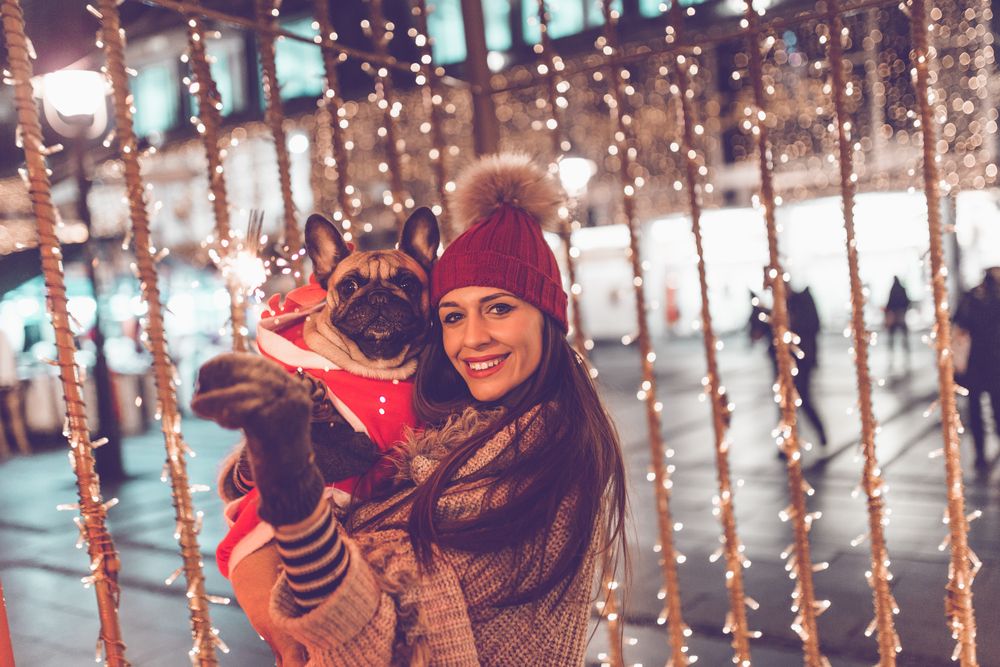 ragazza con french bulldog il giorno di capodanno