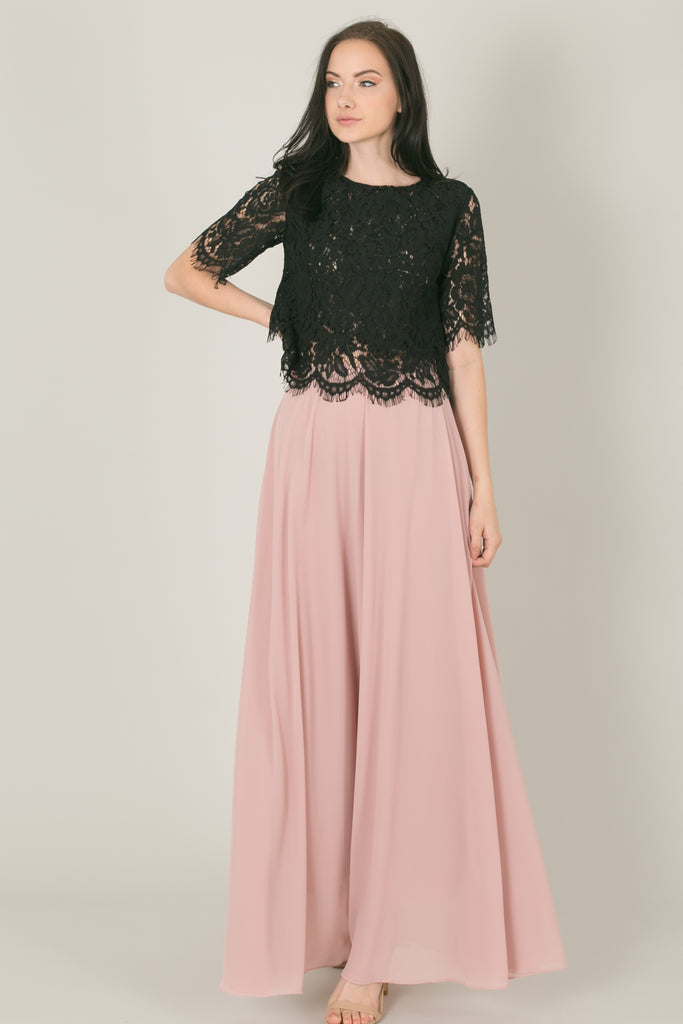 pink long skirt with black top