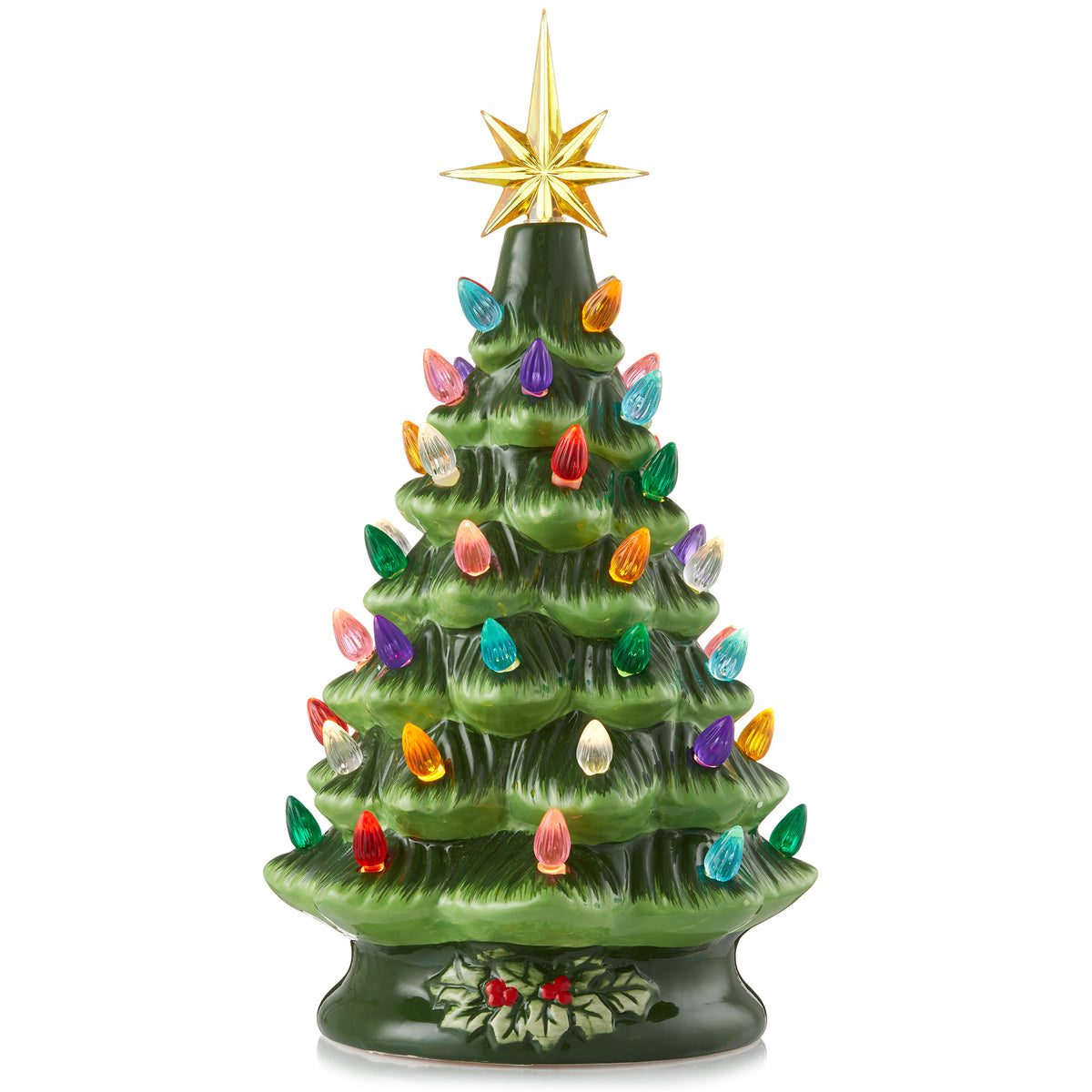 12" Hand Painted Ceramic Christmas Tree, Pre-Lit Tree with Star