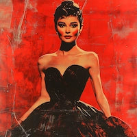 キャンバス風絵画,両面プリントアート,赤を背景にレトロな感じで描かれた女性