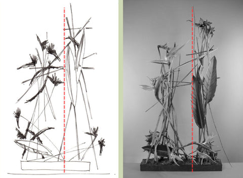 A sketch and an image of floral designs with an axis drawn over the top to help visualise the asymmetrical balance.