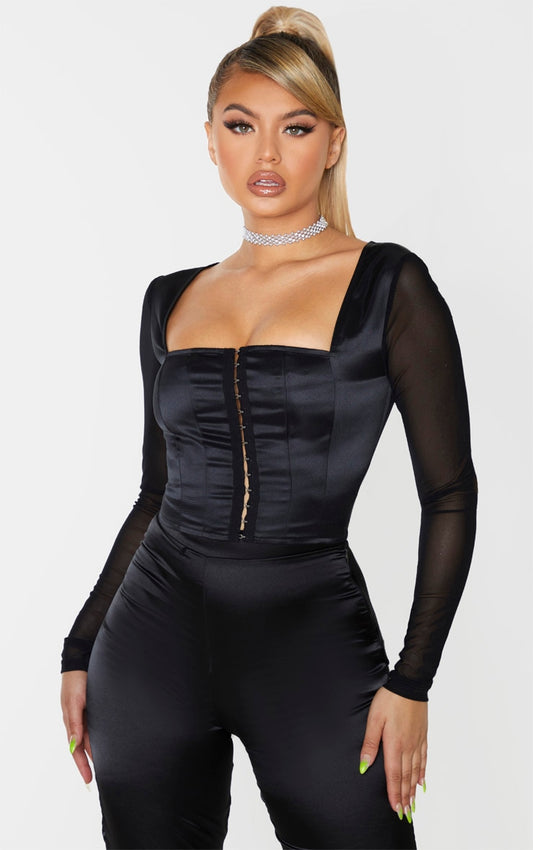 Black Satin Corset Rhinestone Details Top