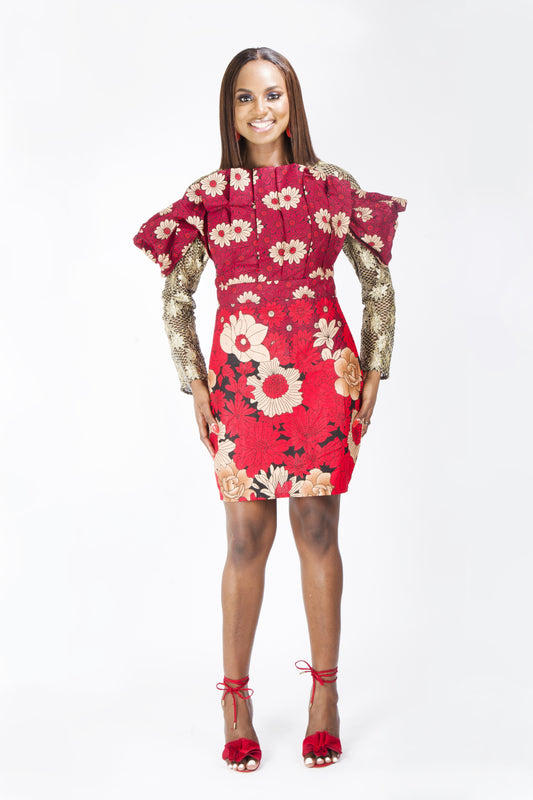 Red African Ankara Plus Size Fitted Formal Short Party Shirt Dress