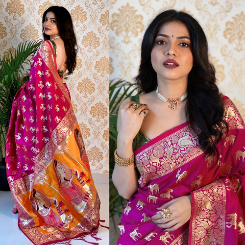 Dark Pink Smooth Silk Banarasi Saree - Urban Womania