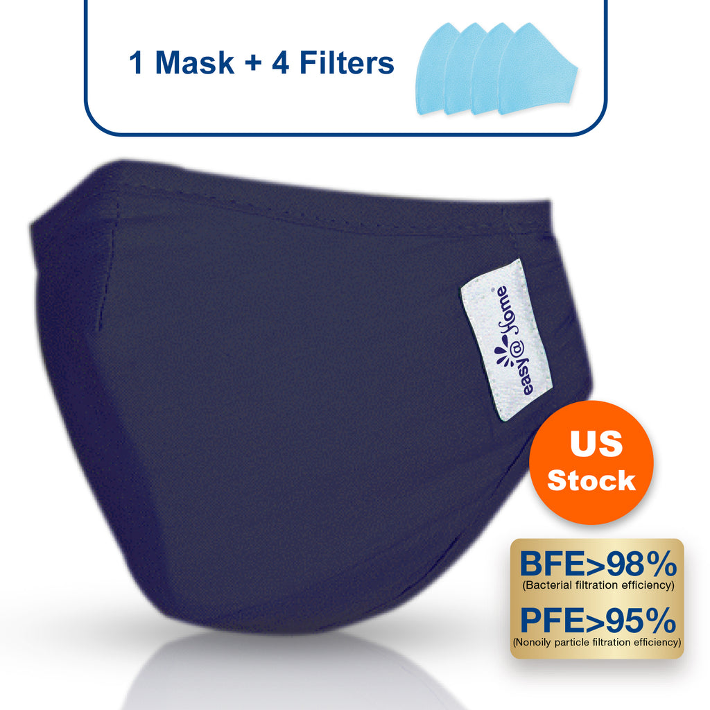 Reusable Face Mask with 4 Filters, Washable Cloth Respirator Protective Mask, Safety Protection with Ear Loops for Home Use, Washable Mouth Cover to Shield Dust, Pollens, Smoke, Germs and Particles, Medium, Navy Blue (1 mask+4 filters)
