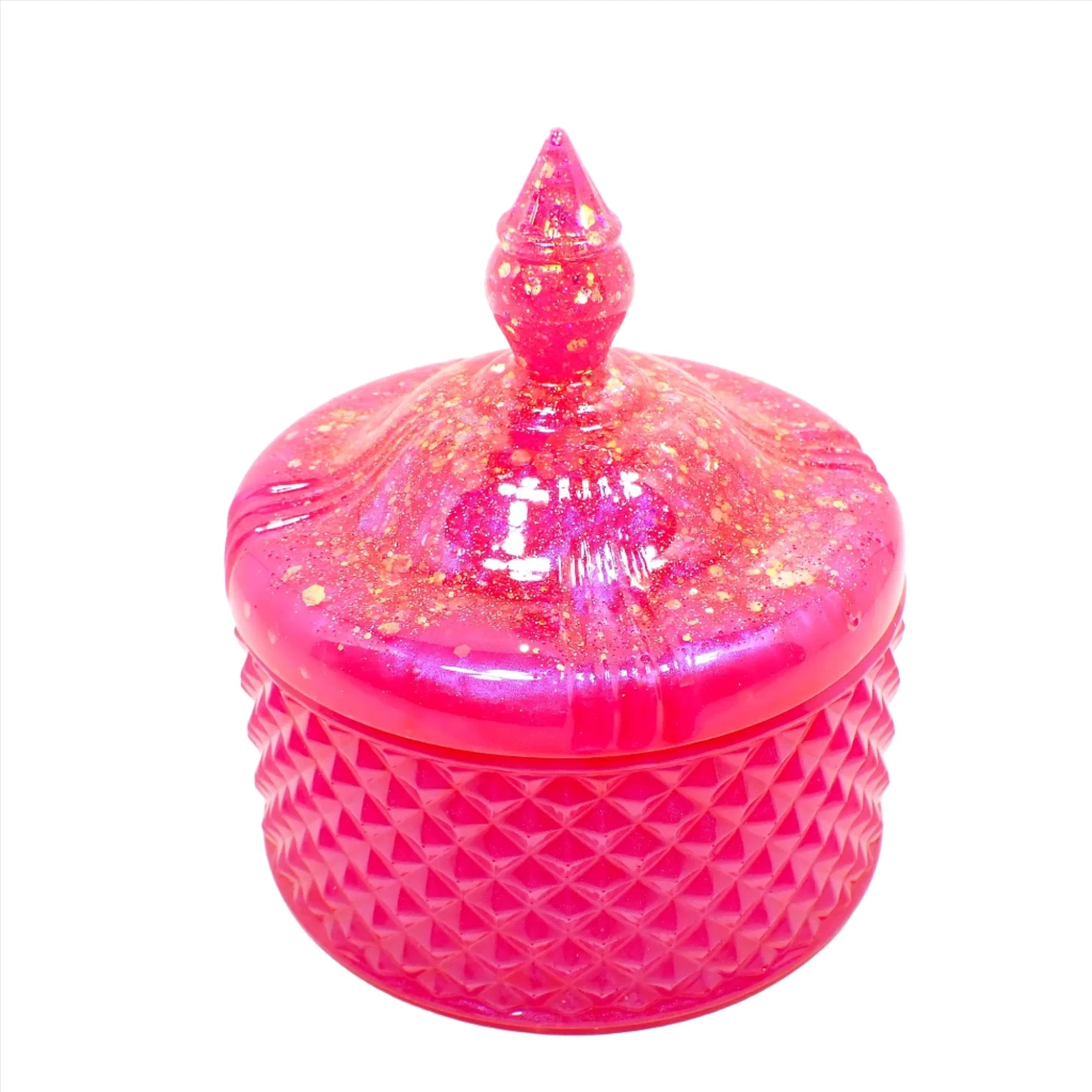 Handmade Pearly Bright Pink Resin Trinket Box Candy Dish with Iridescent Glitter, Decorative Jar
