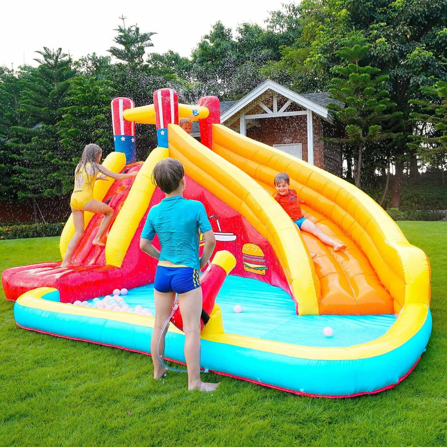Bounce House & Inflatable Slide with Splash Pool, Climbing Wall, Water Cannon New Space Doba