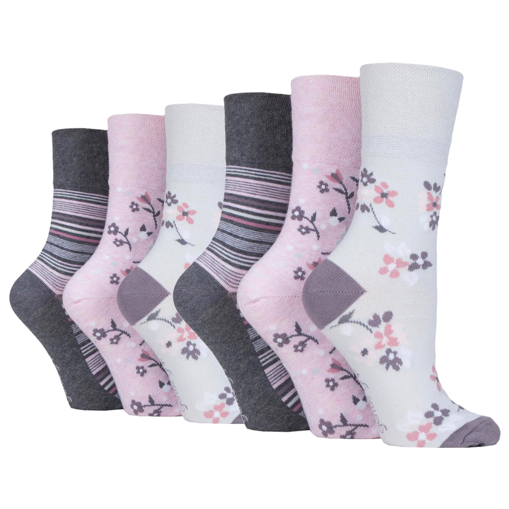 6 Pairs Ladies Gentle Grip Cotton Socks Rose Floral Pink