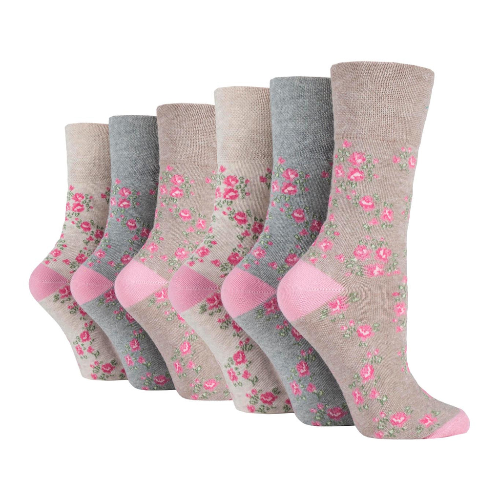 6 Pairs Ladies Gentle Grip Cotton Socks Rose Floral Pink