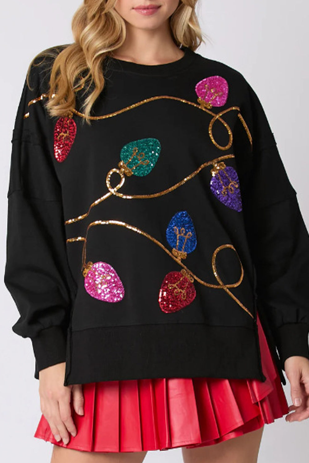 Blackish Green Bright Christmas Lights Sequined Oversized Sweatshirt