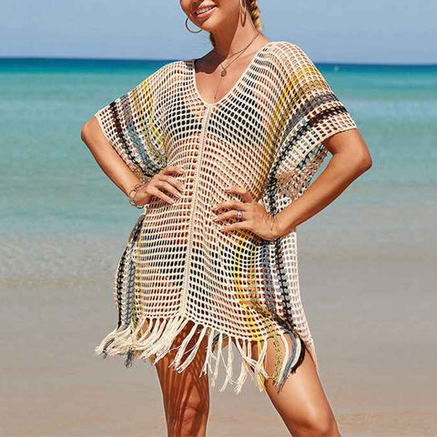 Apricot-Stripe-Womens-beach-color-matching-hollow-knitted-blouse-sunscreen-knitted-dress