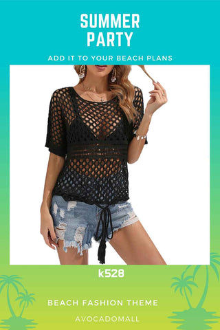Black-Women-Crochet-Casual-Swimwear-Swimsuit-Cover-Up-Short-Beach-Dress-Front