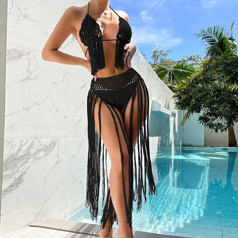 Black-Womens-Tassel-Crochet-Bikini-Cover-Up-Swimsuit-Bathing-Suit-Beach-Dress-k564