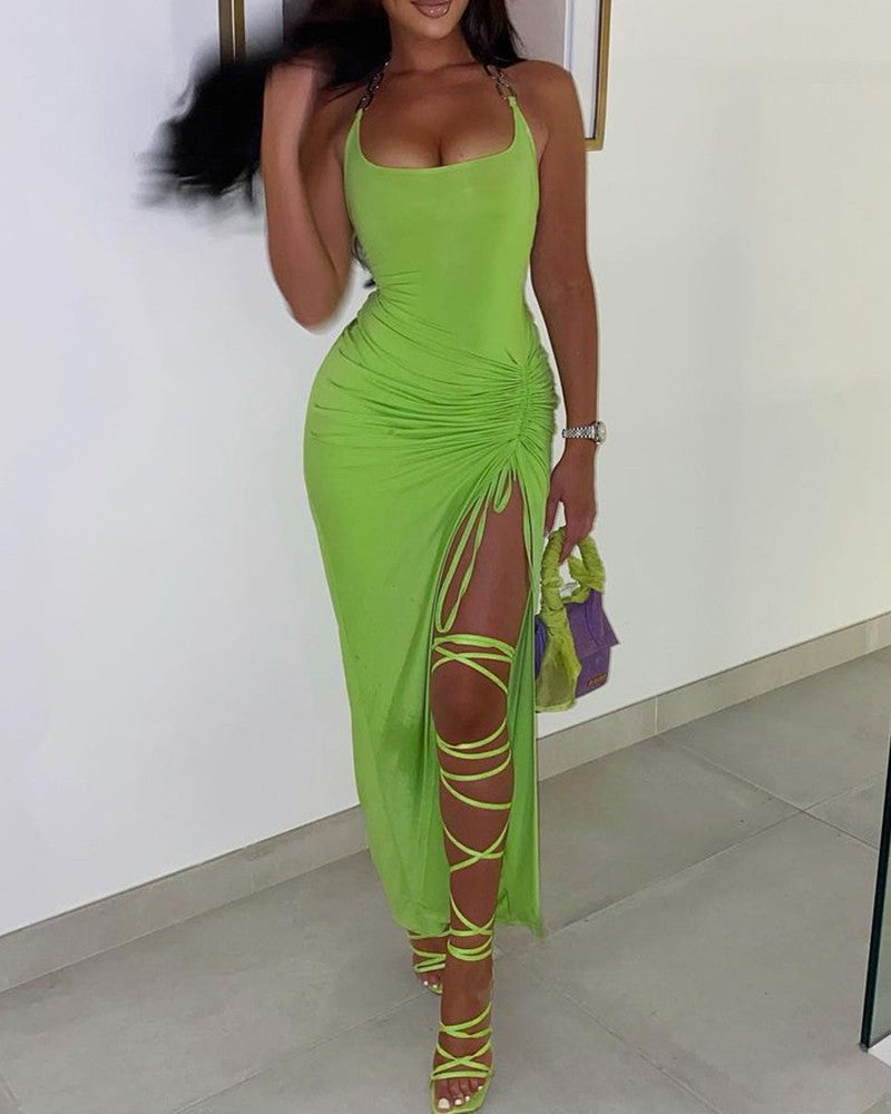 Drawstring Ruched High Slit Midi Dress