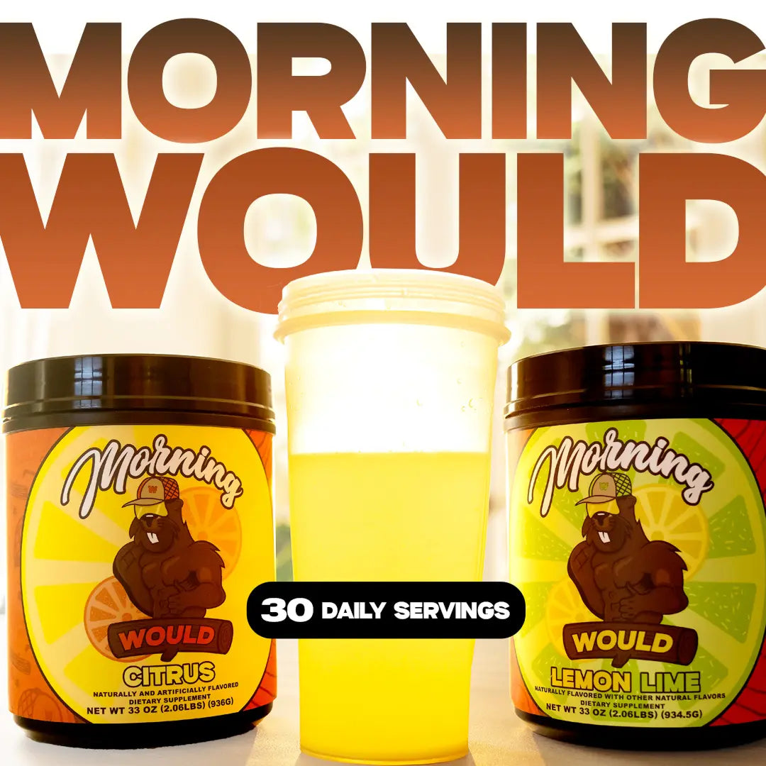 Three containers of 'Morning Would' supplements with citrus and wood background.